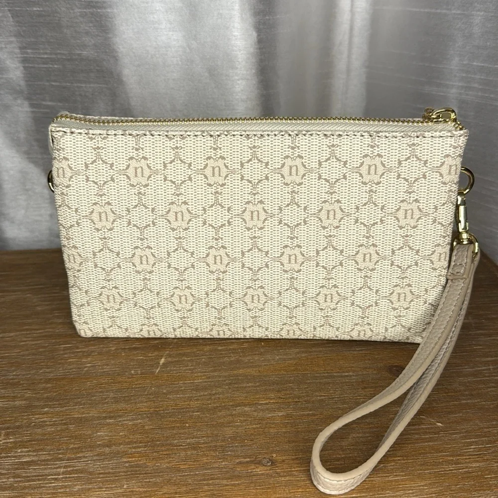 Nanette Lepore Triple Section Almond Pebble Faux Leather Monogram 2 Way Wear Bag